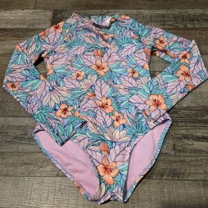 Girls Cat & Jack One Piece Rash-Guard Swimsuit Long Sleeve Size Small 6/7